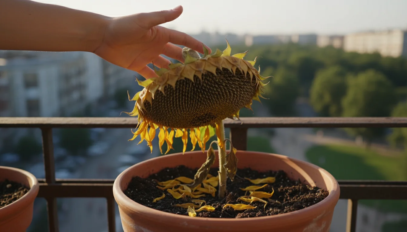 A person's hand gently inspects a mature, browning sunflower head that is nodding downwards in a terracotta pot on a balcony.