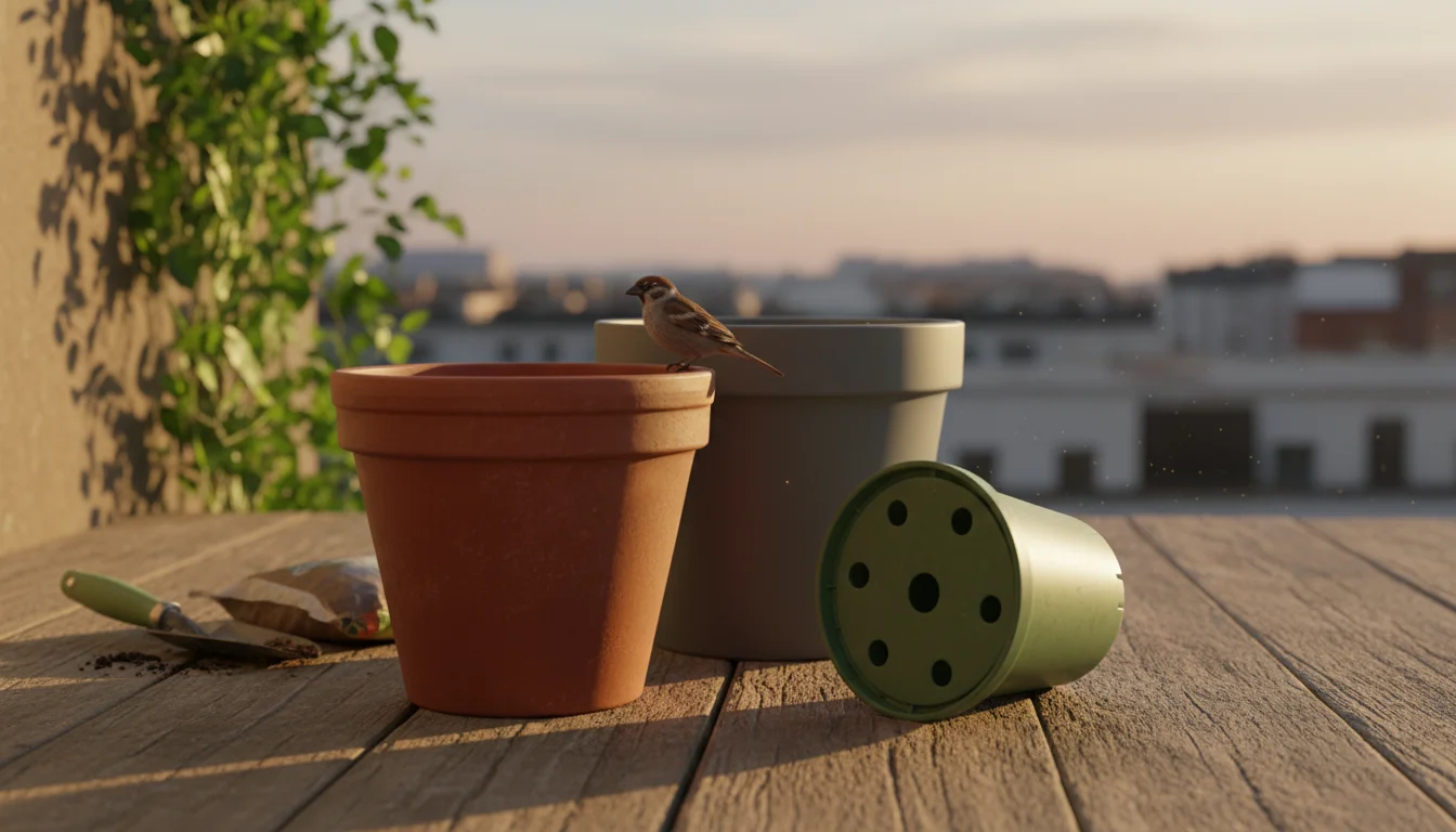 A person's hand inspects a selection of empty garden pots—terracotta, plastic, and ceramic—on a balcony, highlighting drainage holes.