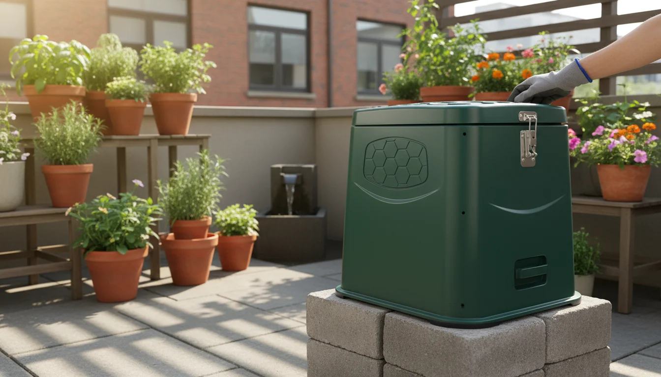 A person's hand latches the secure lid of a compact, dark green compost tumbler, elevated on pavers on an urban patio, surrounded by potted plants.