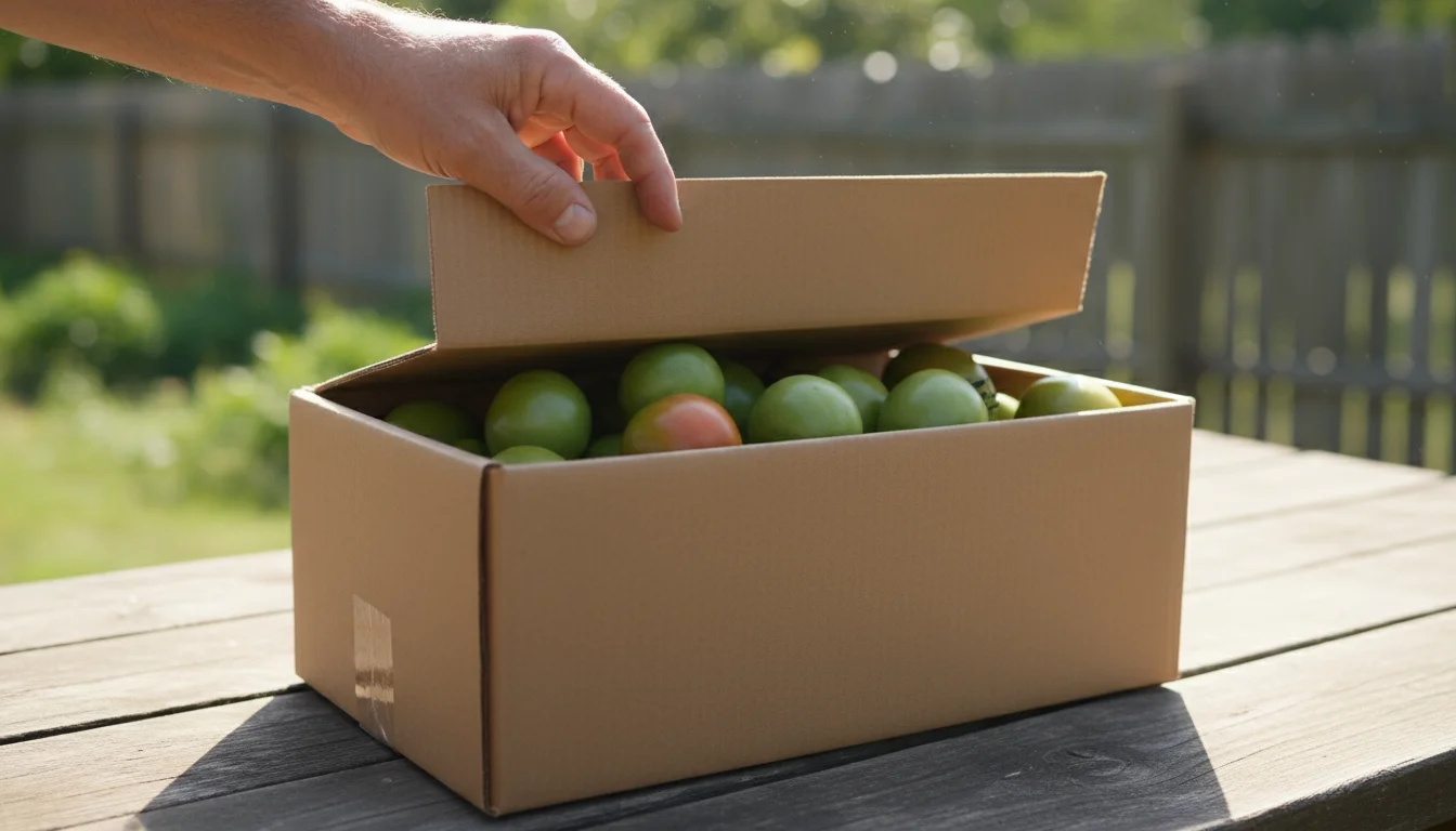 A person's hand lifts a cardboard box flap, revealing many green tomatoes inside, some showing hints of red, on a wooden patio table.