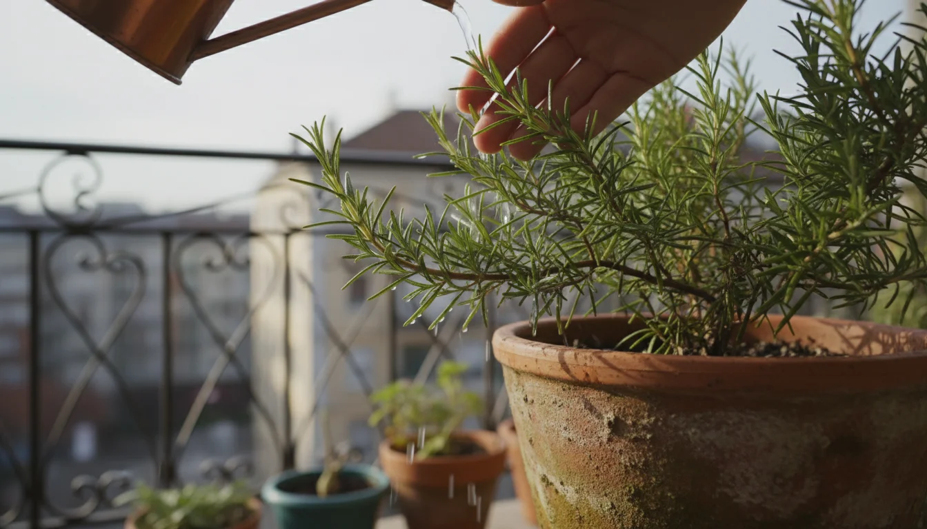 A person's hand gently lifts a lower branch of a potted rosemary bush in a terracotta pot on a small urban balcony, subtly checking for pests.