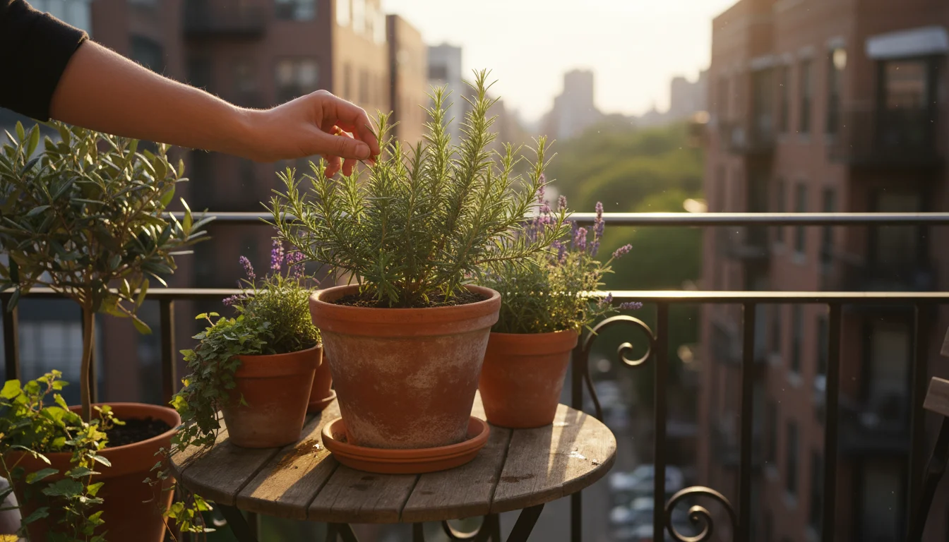Person's hand gently lifts a rosemary leaf from a terracotta pot on a wooden table to check for pests on an urban balcony.