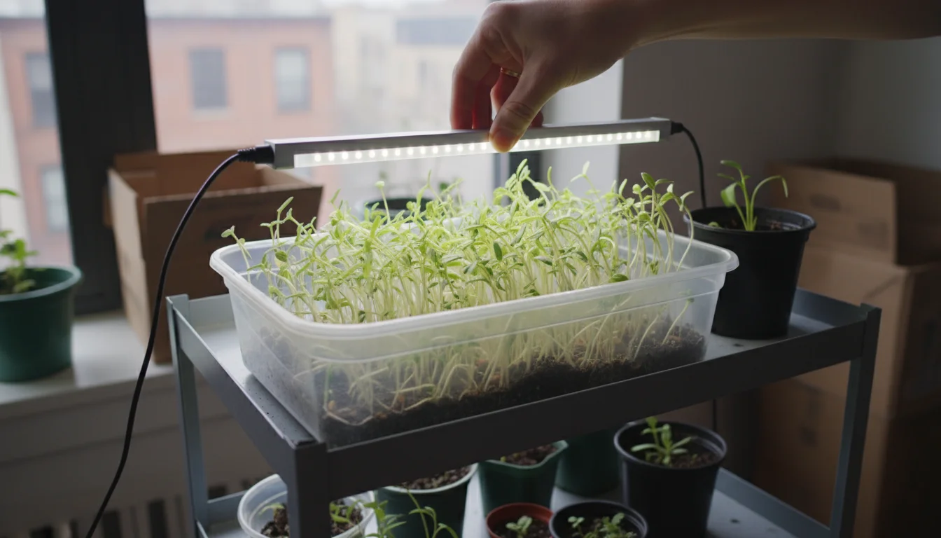 A person's hand lowers a compact LED grow light closer to a container of tall, thin, stretched seedlings on an indoor shelf.