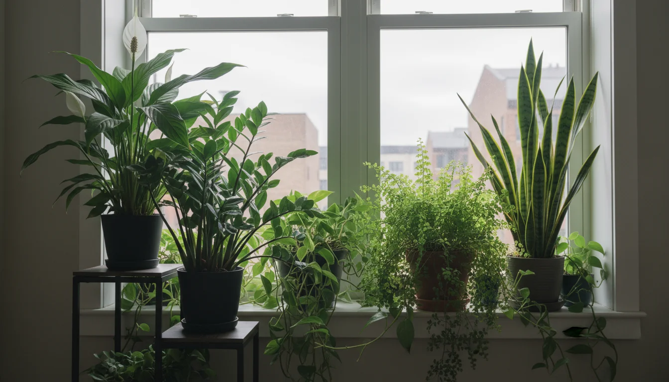 A person's hand misting a lush fern among thriving shade-tolerant houseplants on an apartment window sill bathed in soft north-facing light.