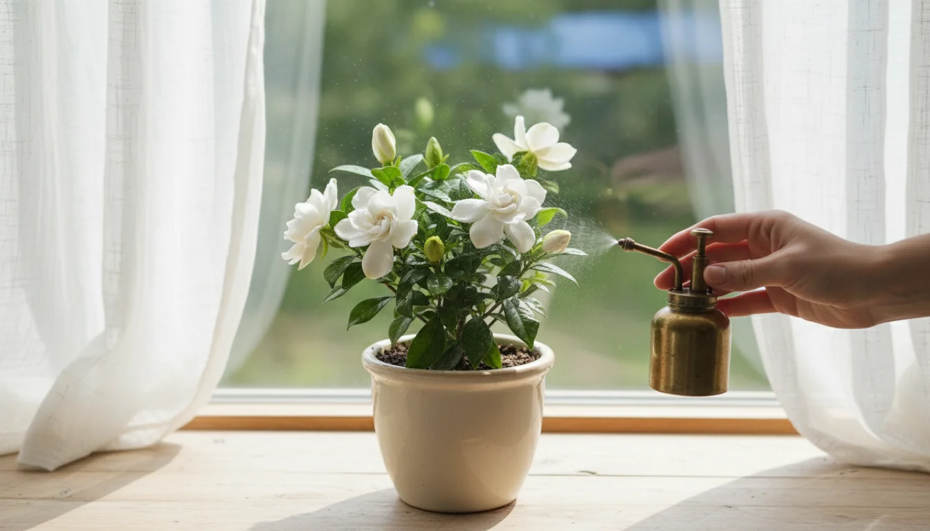 A person's hand mists a blooming gardenia plant in a ceramic pot on a windowsill, with a pebble tray and watering can nearby.