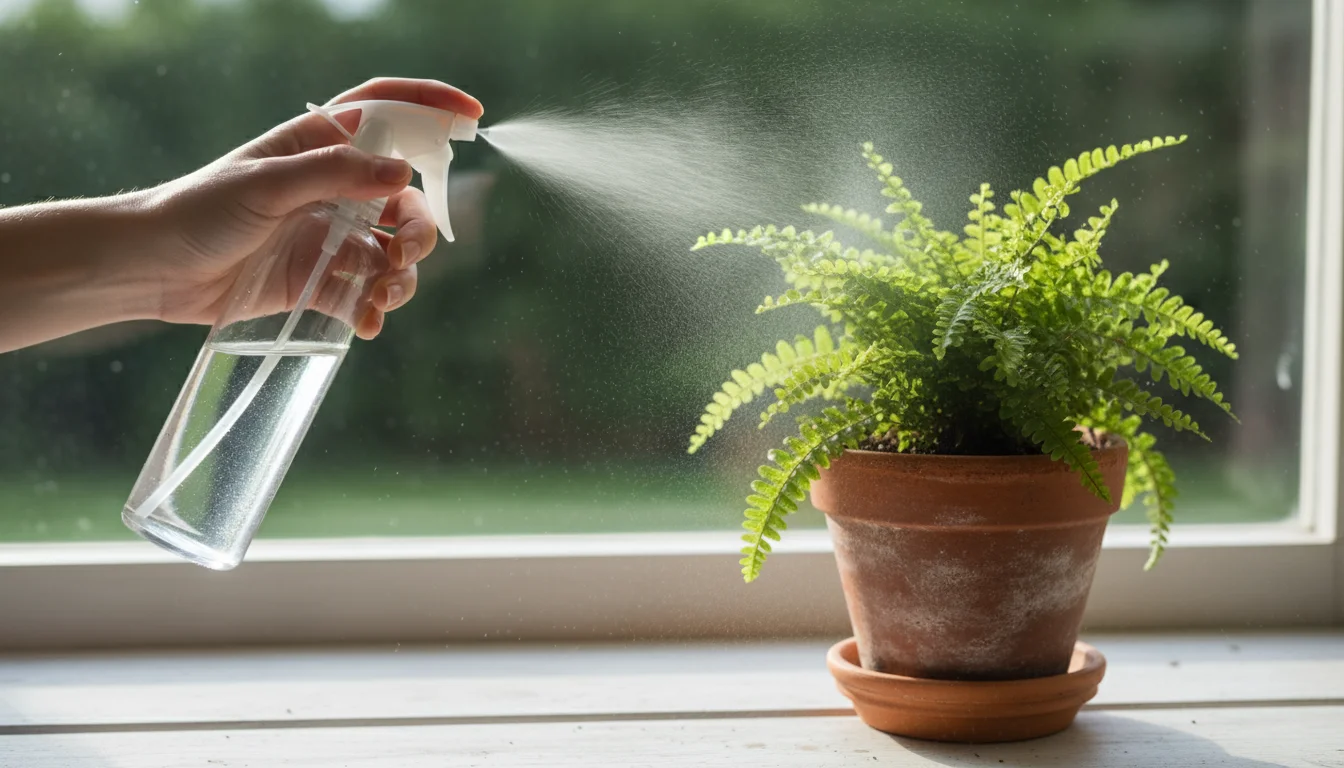 A person's hand mists a healthy Boston fern in a terracotta pot on a sunlit wooden windowsill, with fine water droplets visible in the air.