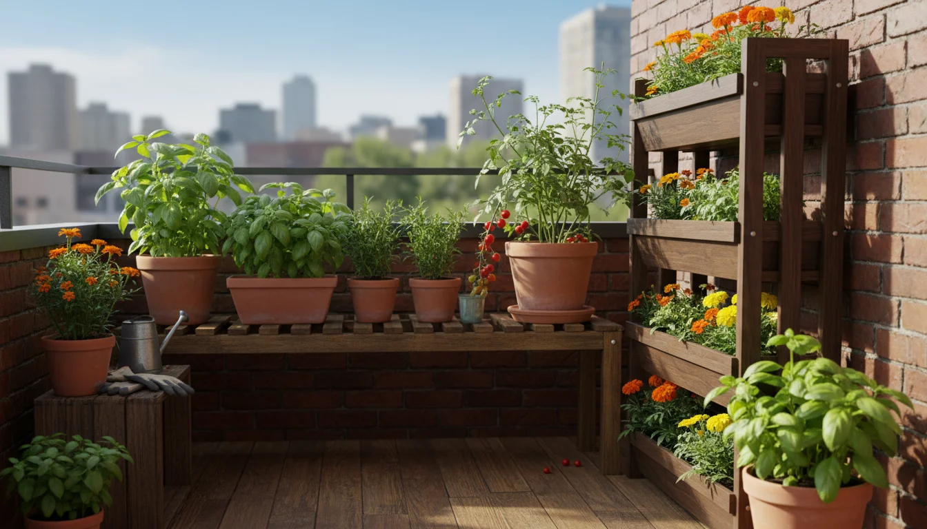 A person's hand gently mists healthy, well-spaced container plants like basil, tomatoes, and marigolds on a sunny balcony.