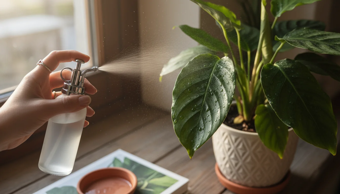 A person's hand mists the underside of a green houseplant's leaves with a fine spray bottle, in soft morning light.