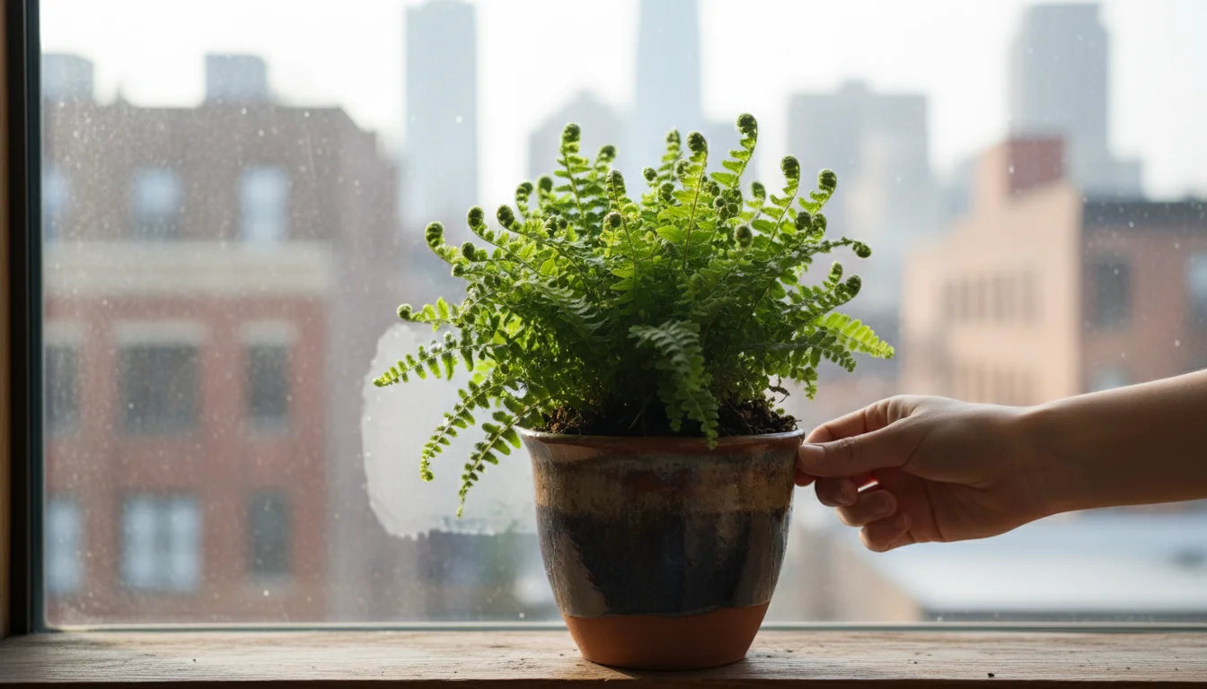 A person's hand gently moves a potted fern away from a slightly condensed window, illustrating draft prevention for indoor plants.