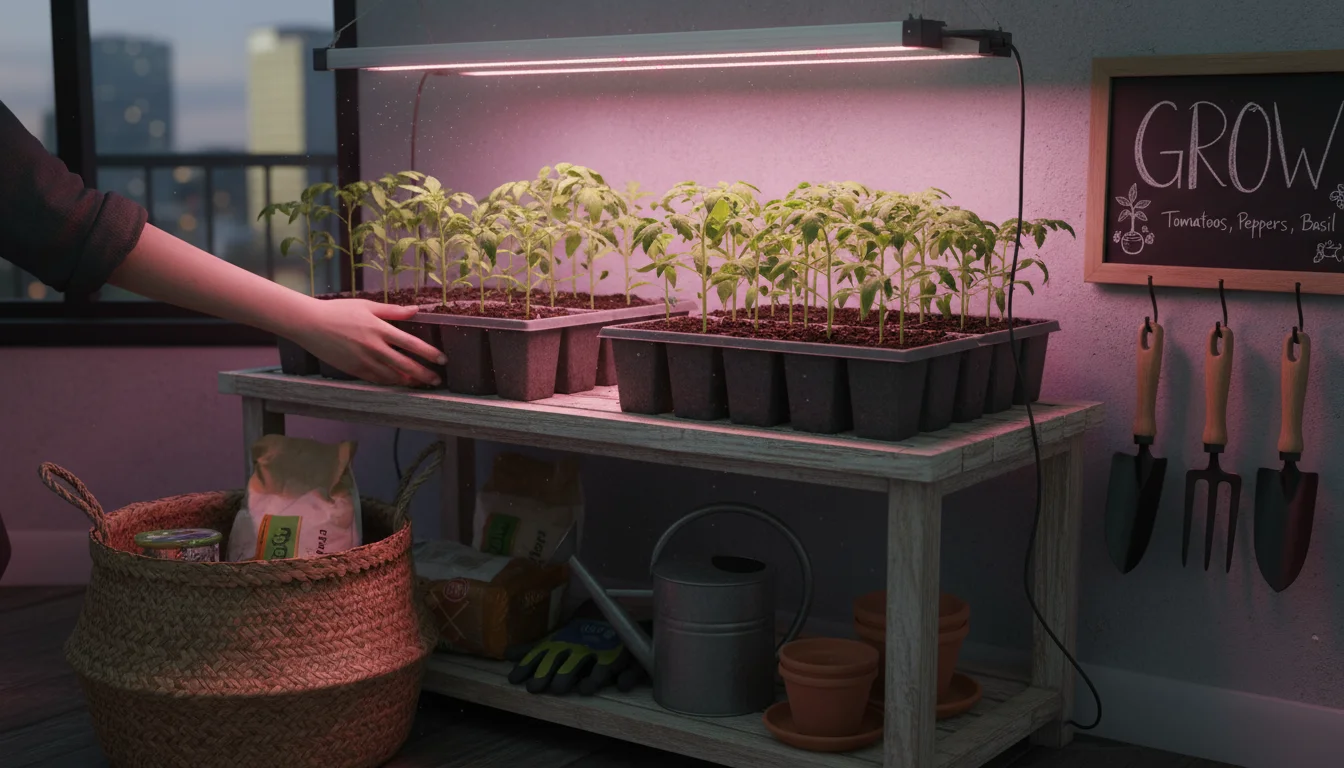 A person's hand near vibrant seedlings under a grow light, next to terracotta pots with fresh soil and an open carrot seed packet, showing both indoor