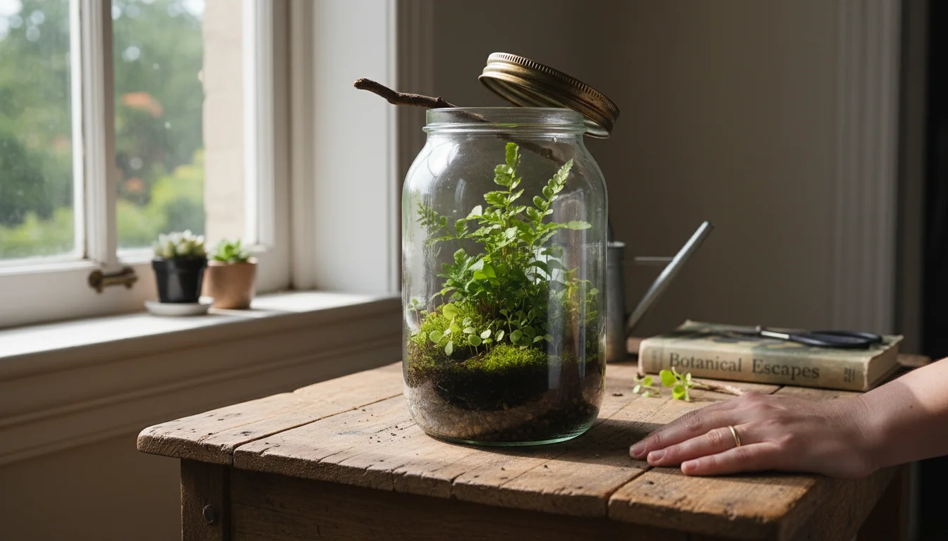 A person's hand gently opens the lid of a glass jar terrarium, propping it with a twig on a wooden table near a window.