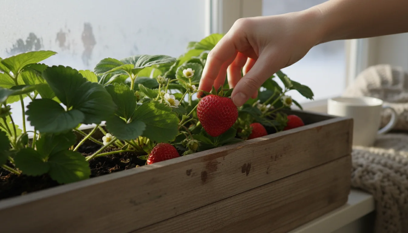 A person's hand gently parts green leaves in a wooden window box, revealing a few ripe red strawberries ready for harvest.