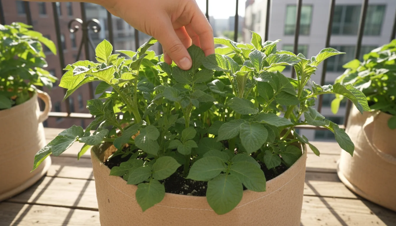 A person's hand gently parts lush green potato leaves in a fabric grow bag on a sunny balcony, inspecting the plant closely.