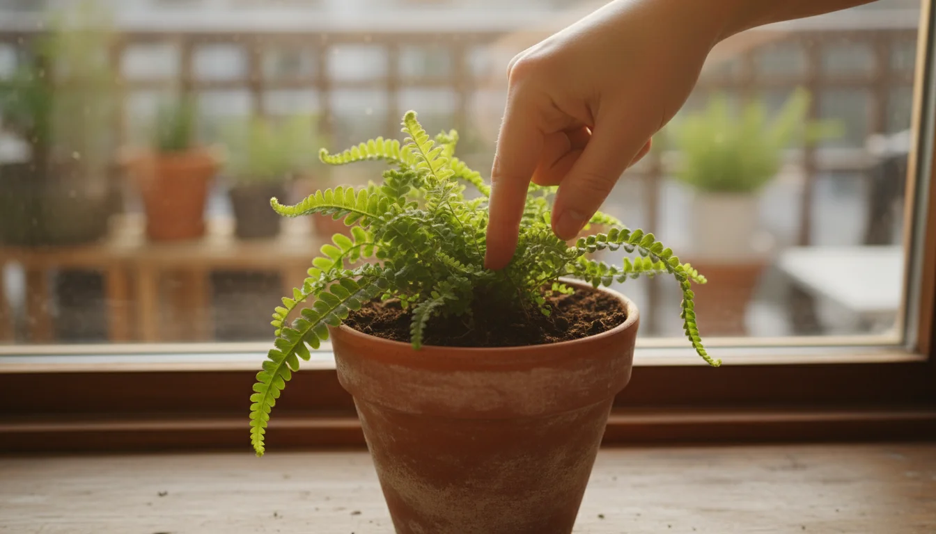 A person's hand performing the 'finger test', checking the soil moisture of a vibrant fern in a terracotta pot.