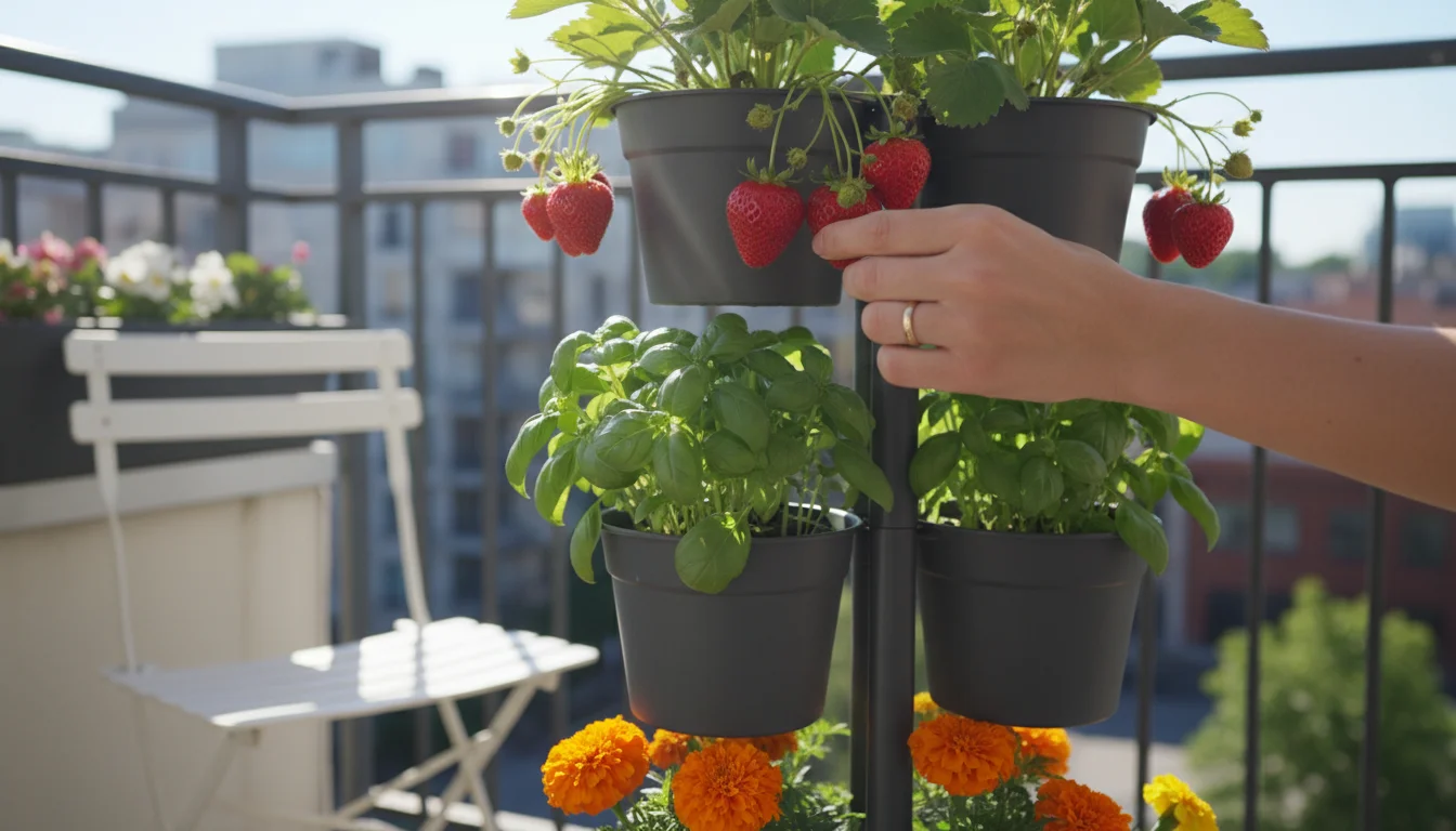 A person's hand picks a ripe strawberry from a thriving multi-tiered vertical plant stand on a sunlit urban balcony.