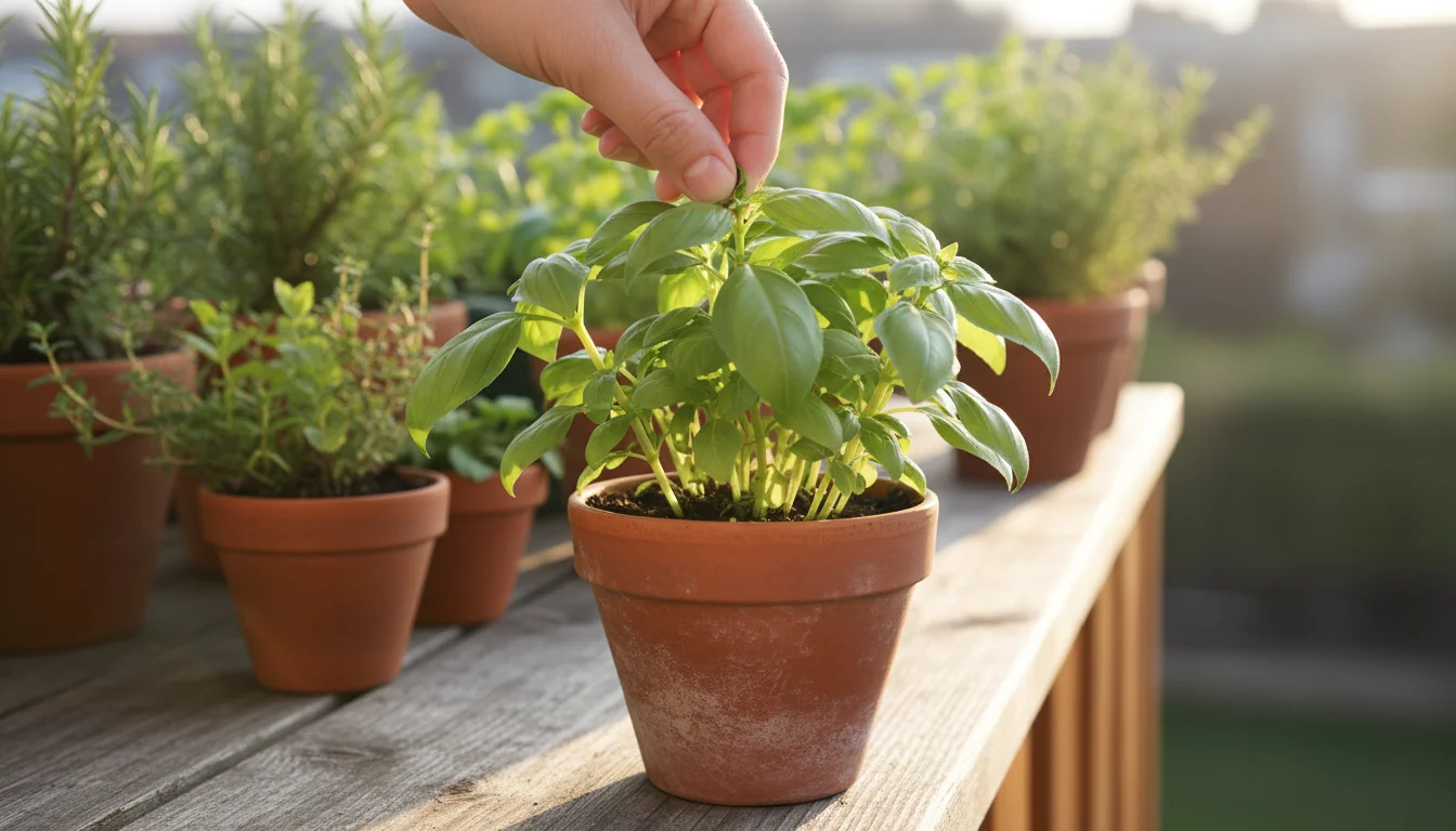 A person's hand pinches the central stem of a bushy basil plant in a terracotta pot on a sunny balcony, with other herbs blurred in the background.