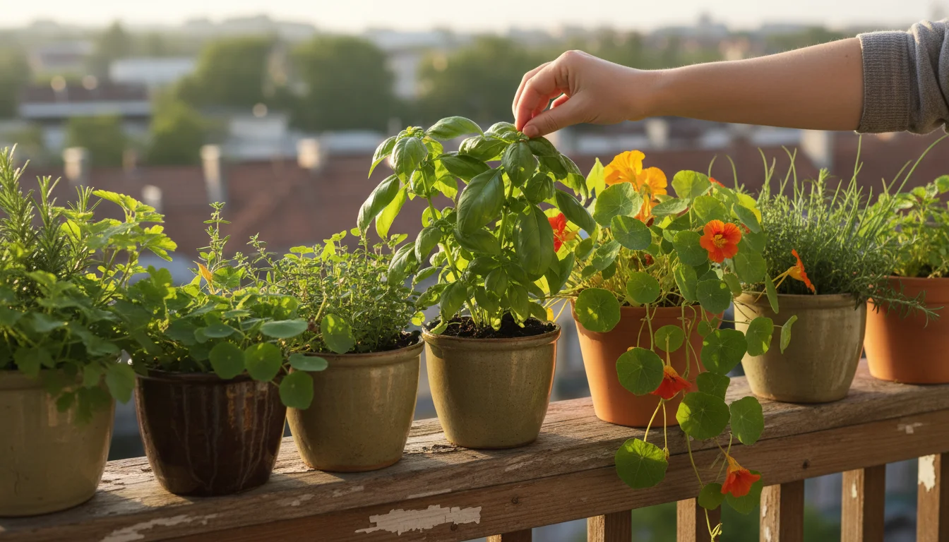 Person's hand pinching the top leaves of a healthy basil plant in a pot on a balcony railing, with other herbs and flowers.