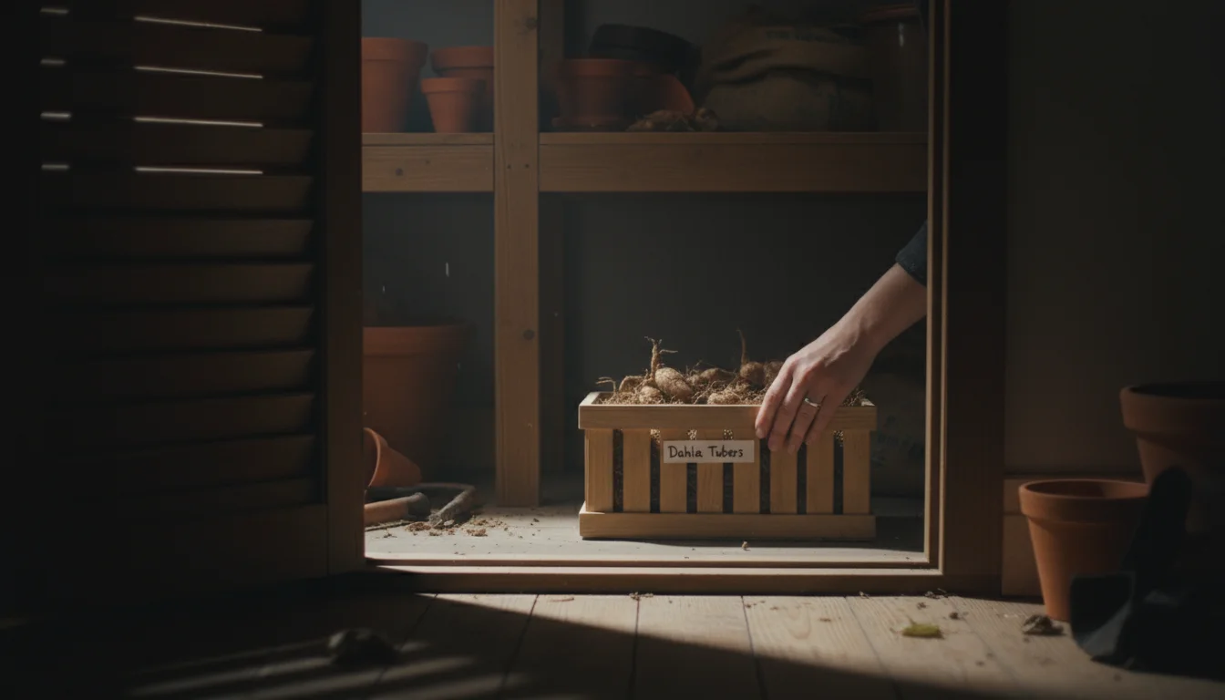 A person's hand places a labeled wooden crate of dahlia tubers onto a low shelf inside a slightly open, cool, and dimly lit apartment closet.