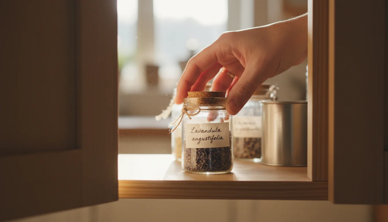Person's hand placing a labeled glass jar of dried herbs into a dimly lit kitchen cupboard.