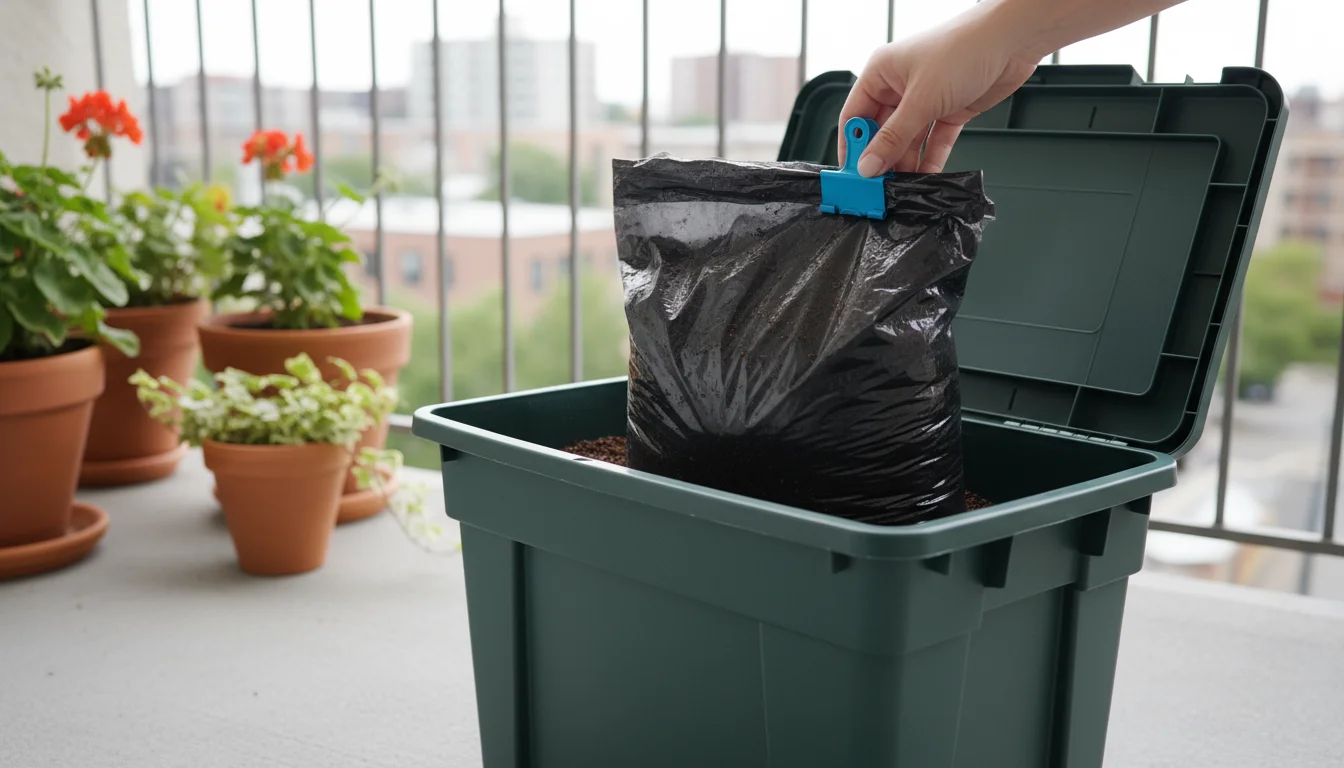 A person's hand placing a rolled and securely clipped bag of potting mix into a dark green lidded storage bin on a clean balcony.