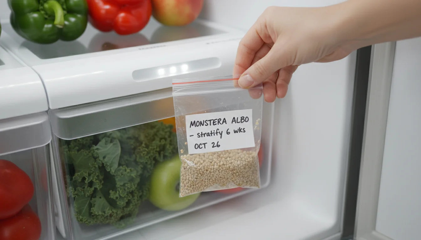 A person's hand placing a small bag of houseplant seeds in moist vermiculite with a handwritten label into a refrigerator crisper drawer among green v