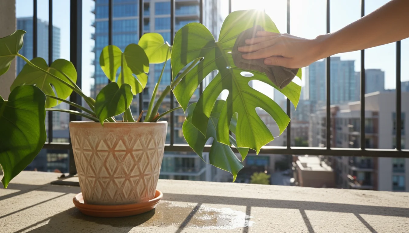 A person's hand gently polishes a large, shiny Monstera leaf in a sunlit urban setting, highlighting its vibrant green.