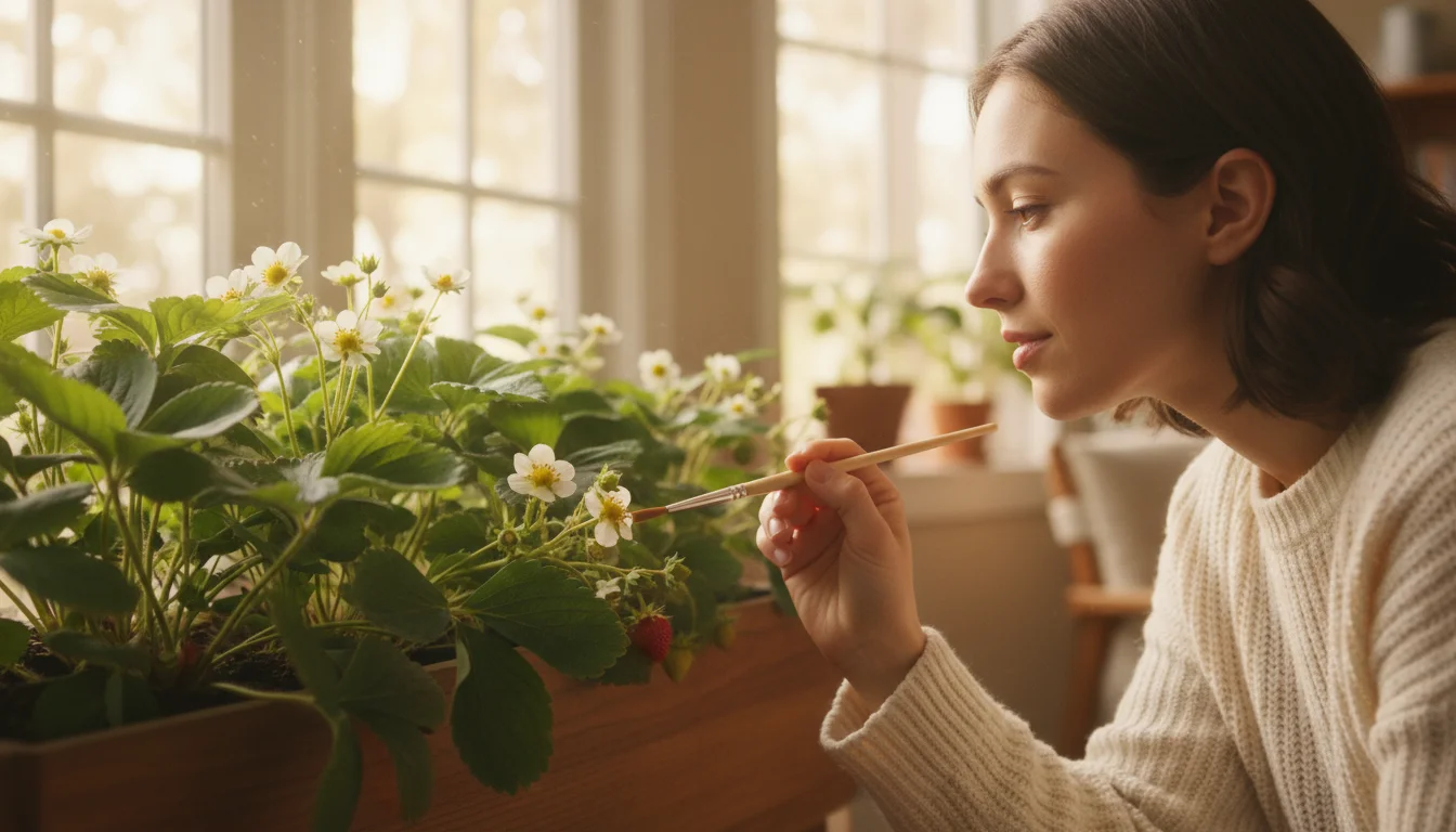 A person gently hand-pollinates a white strawberry flower in an indoor window box with a small paintbrush.