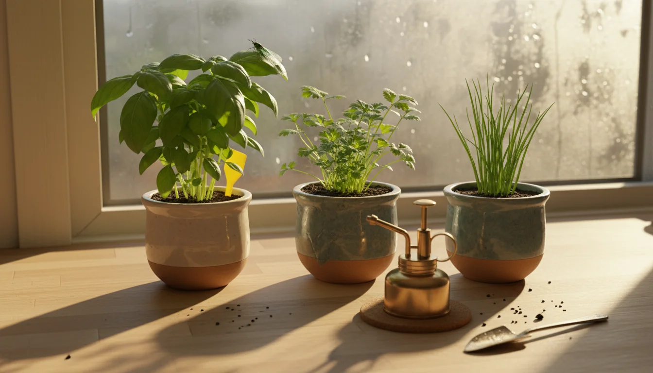 A person's hand tending to potted herbs on a kitchen counter. Yellow sticky trap in basil, diatomaceous earth on cilantro soil.