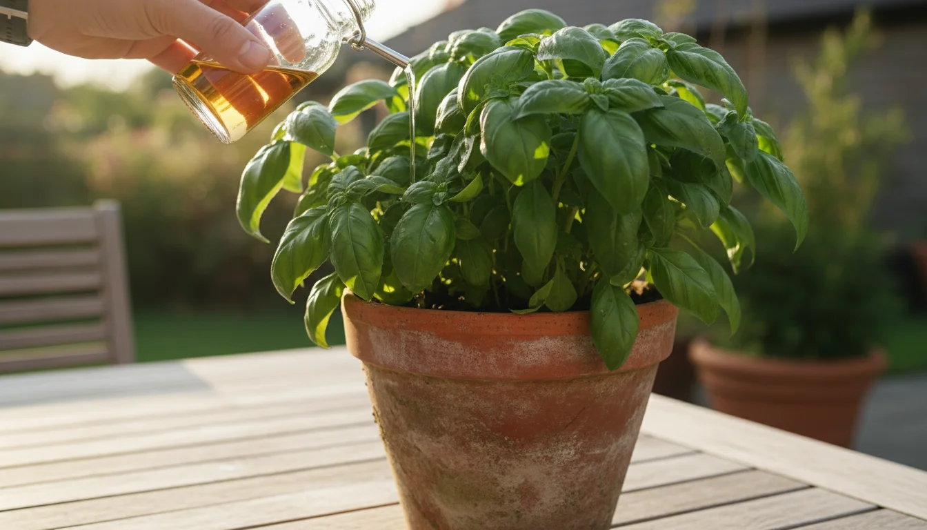 A person's hand carefully pours diluted liquid fertilizer onto the soil of a lush, thriving basil plant in a terracotta pot on a sunlit patio table.