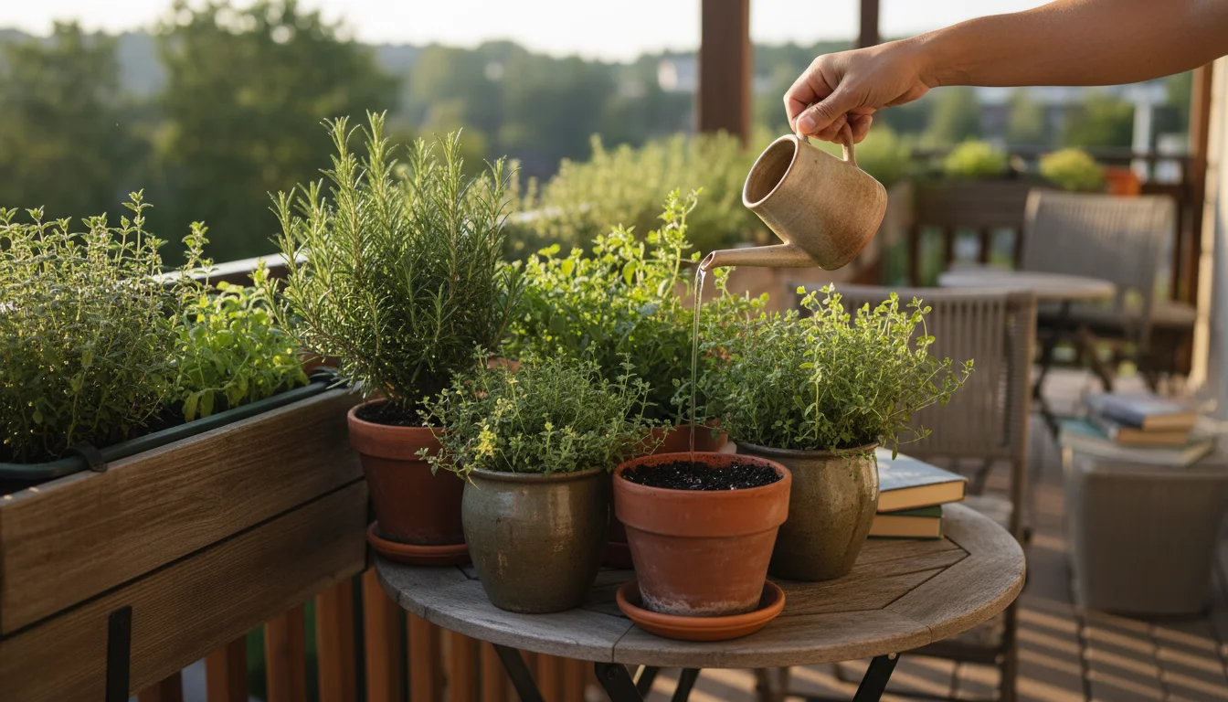 A person's hand pours diluted liquid fertilizer from a small watering can into a healthy potted rosemary plant, surrounded by other thriving herbs on 