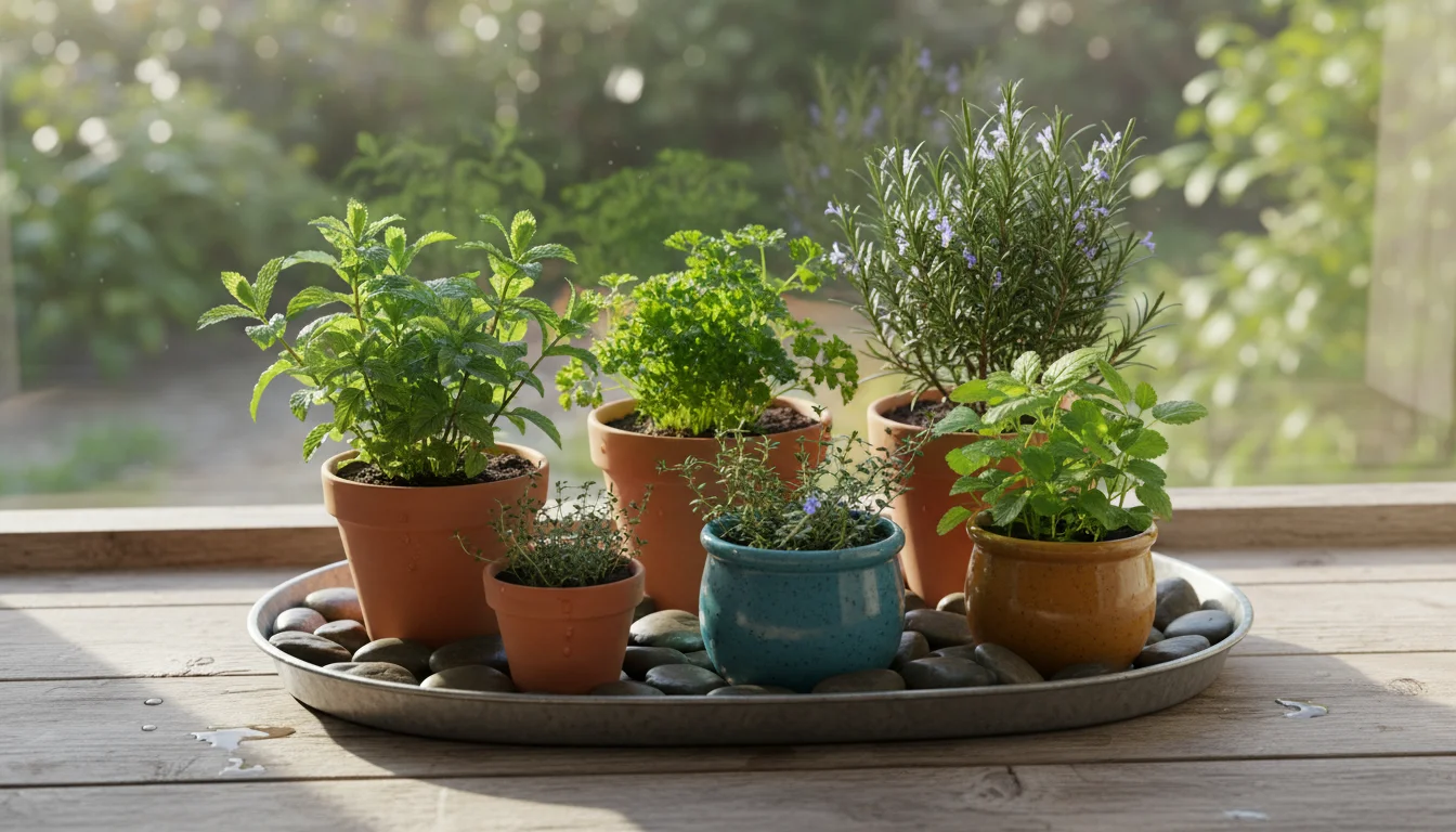 A person's hand pours water from a brass watering can onto dark pebbles in a tray, surrounded by small potted herbs on a sunlit windowsill.