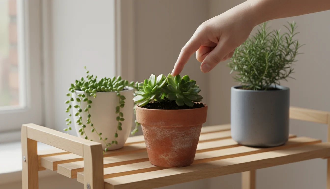 A person's hand gently presses a finger into the soil of a small potted succulent on a wooden shelf, checking moisture.