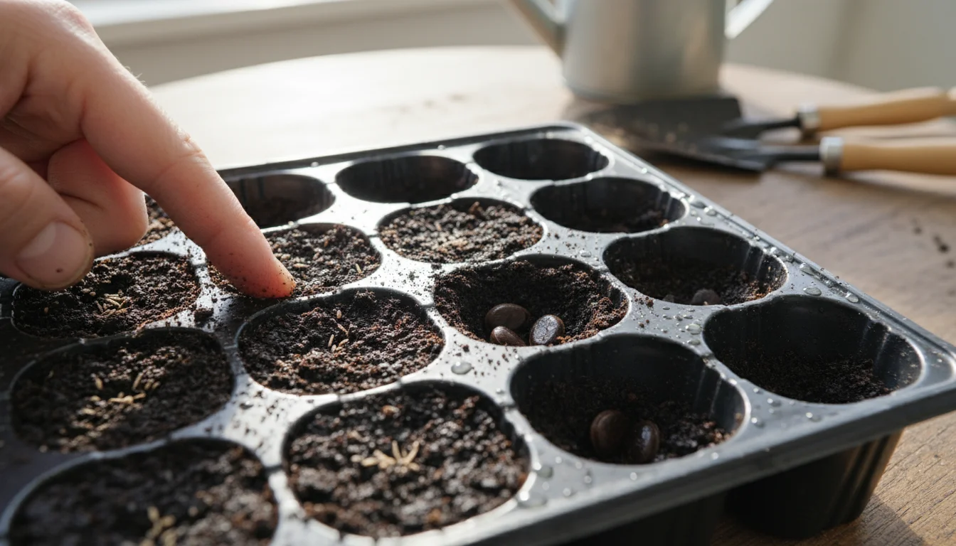 A person's hand gently presses tiny, dust-like seeds onto the surface of soil in a seed tray, while larger seeds are placed deeper in adjacent cells.