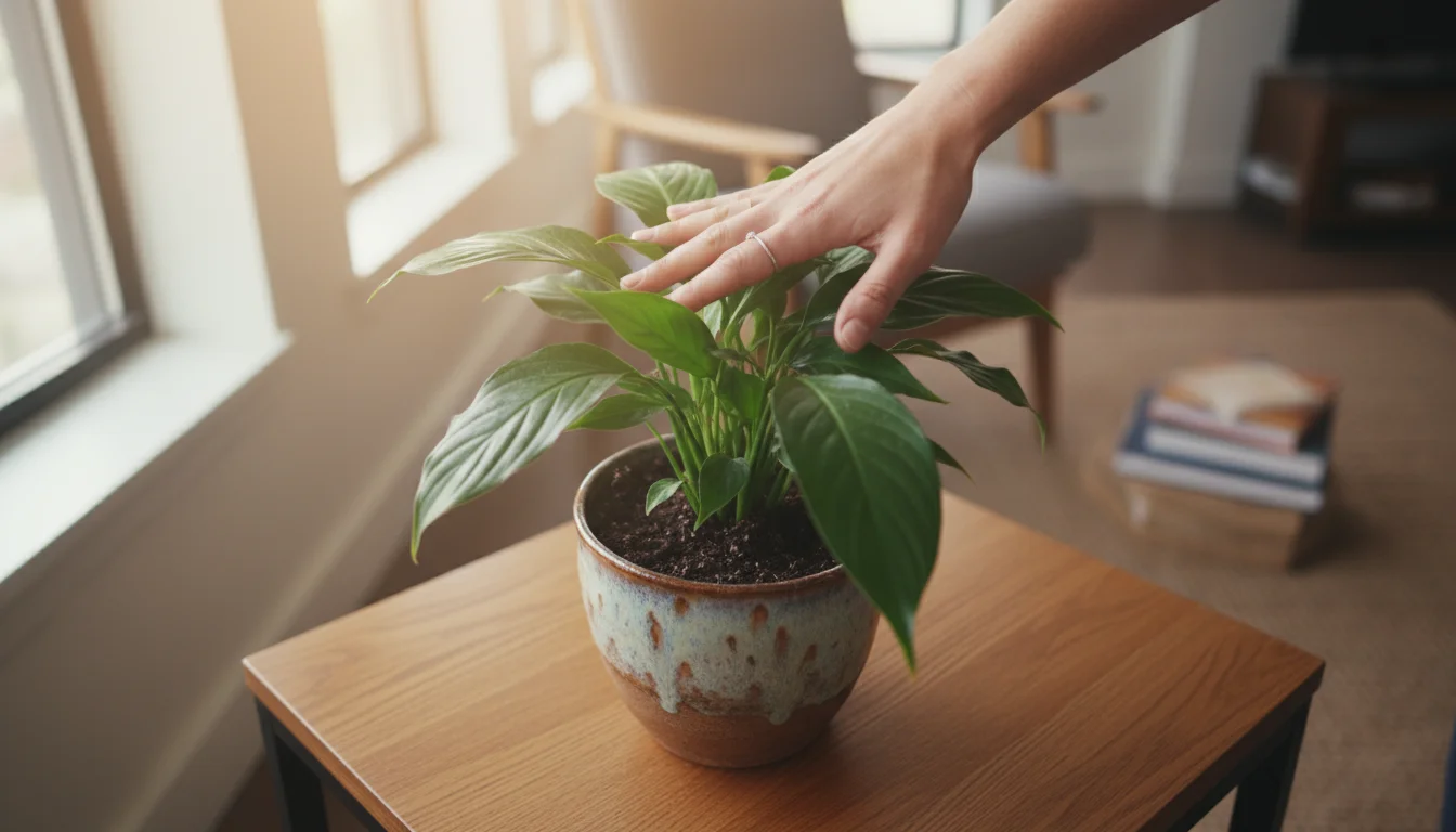 A person's hand pressing into the damp soil of a potted houseplant on a wooden table, lit by soft window light.