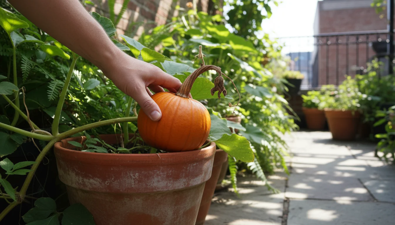 A person's hand pressing a thumbnail into a ripe orange pumpkin in a terracotta pot on a sunny patio, checking rind firmness.