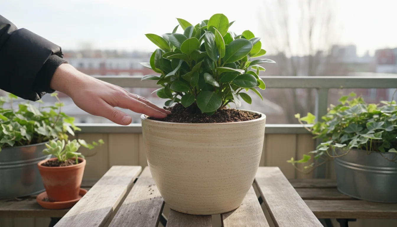 A person's hand gently probes the dark soil of a compact green houseplant in a neutral pot, resting on a rustic wooden balcony table.