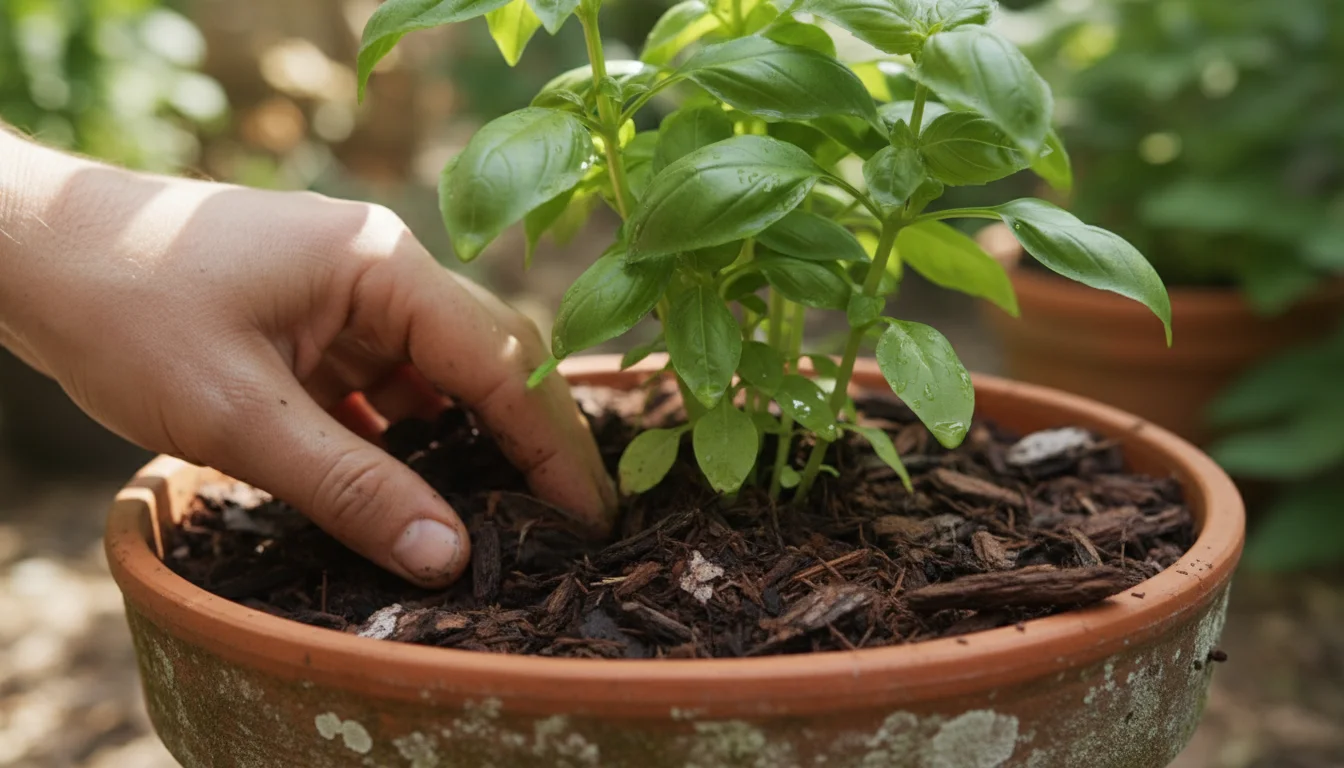 A person's hand gently pulling back excess shredded bark mulch from the base of a basil plant in a terracotta pot on a patio.