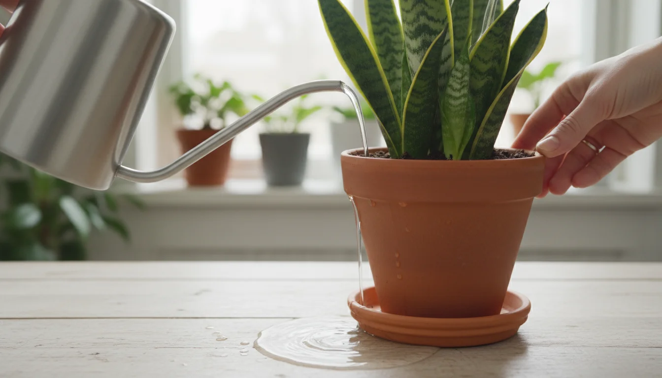 A person's hand reaches for a potted snake plant being watered, with clear drainage water pooling in its terracotta saucer.