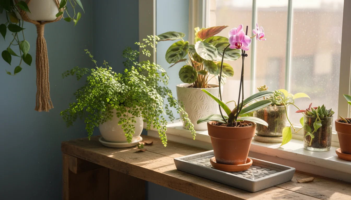 A close-up of a person's hand refilling a pebble tray with water, beneath a grouping of potted houseplants on a wooden shelf.