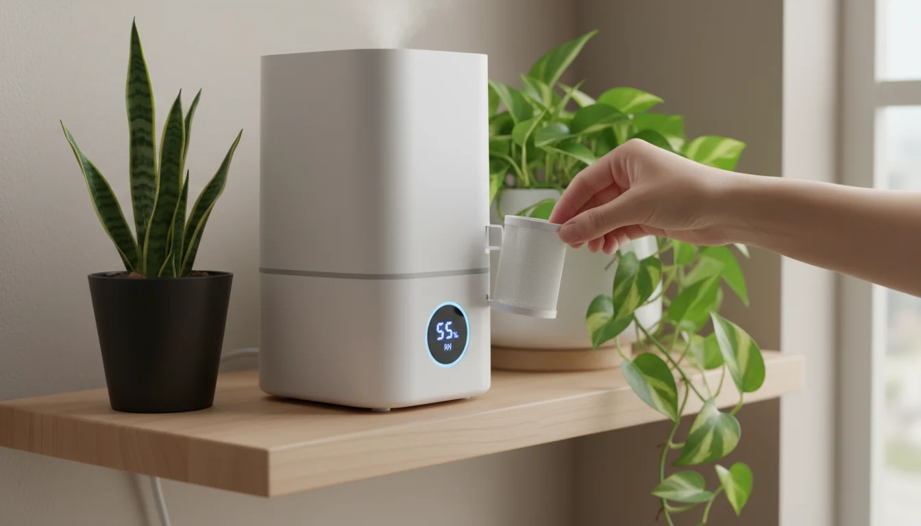 A person's hand removes a clean filter from a cool-mist humidifier on a shelf next to two potted houseplants.