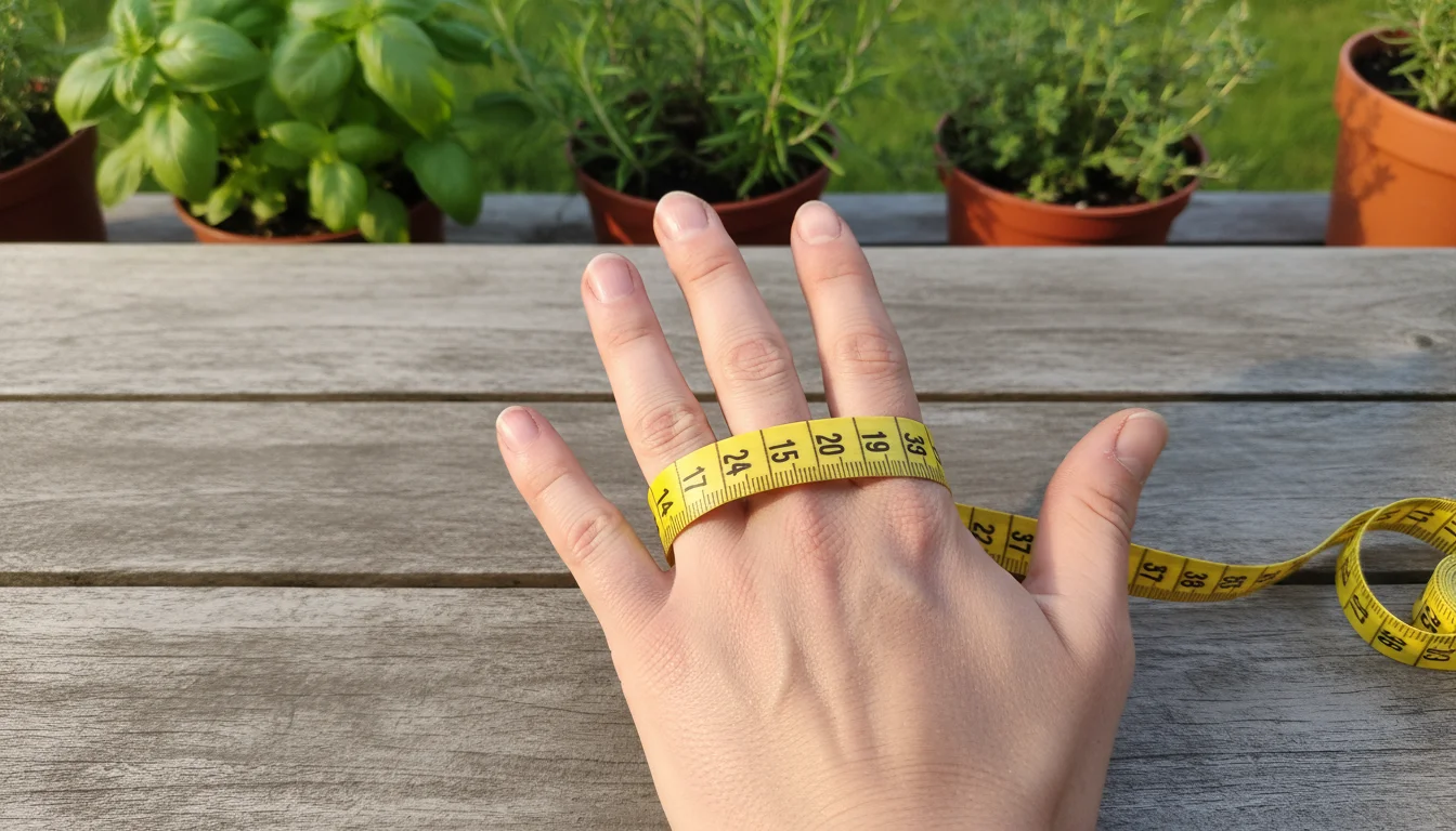 Close-up of a person's hand resting on a wooden patio table, being measured around the knuckles with a bright yellow fabric tape. Potted herbs are sof