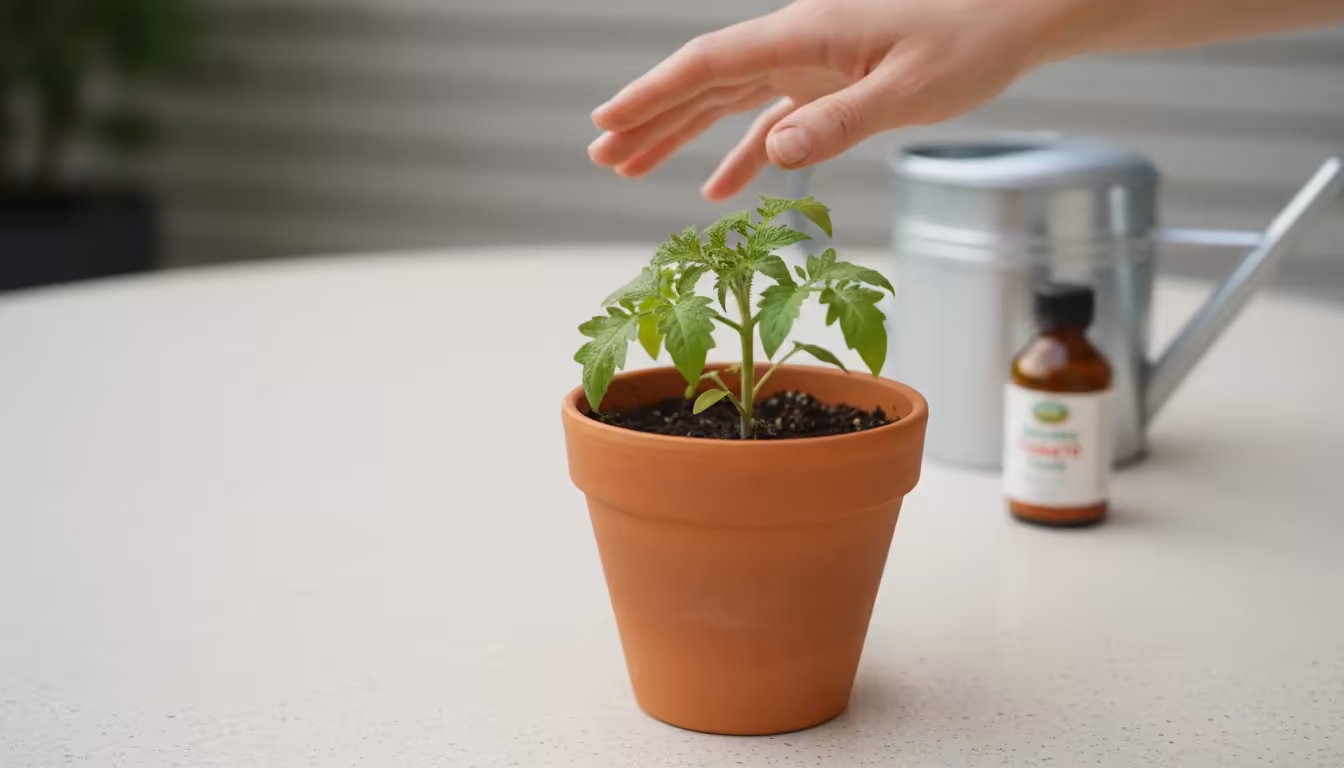 A person's hand gently rests near a terracotta pot, observing vibrant new green leaves emerging on a recovering small tomato plant on a patio table. A
