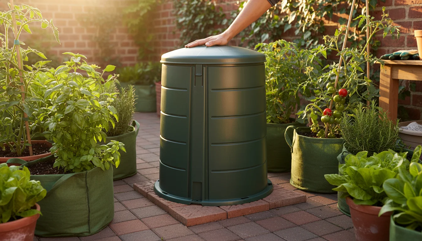 A person's hand secures the lid of a dark green, elevated compost bin on a sunlit patio, surrounded by thriving container plants.