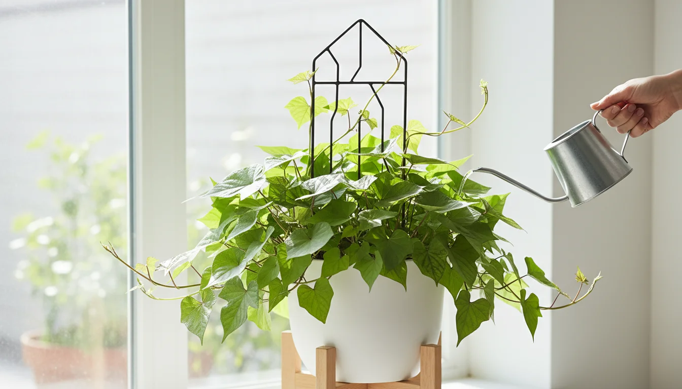 A person's hand gently secures a lush sweet potato vine onto a dark metal trellis in a white ceramic pot on a wooden plant stand.