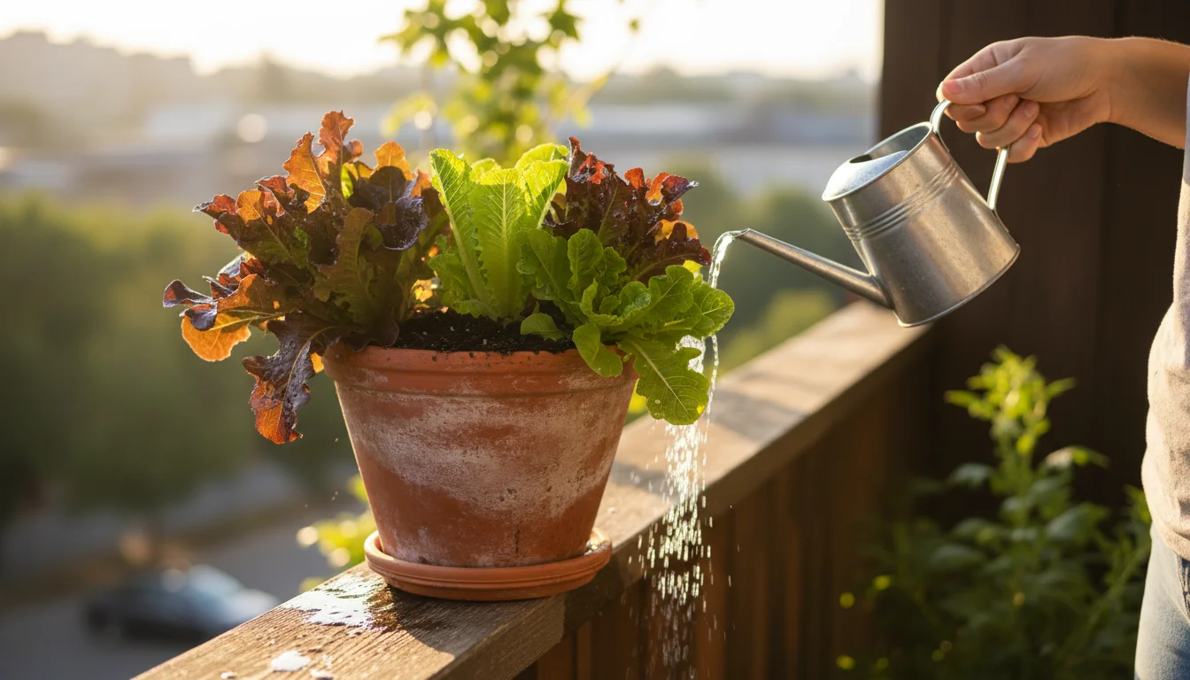 A person's hand with a small metal watering can gently waters a terracotta pot filled with vibrant green and red lettuces on a sunny balcony.