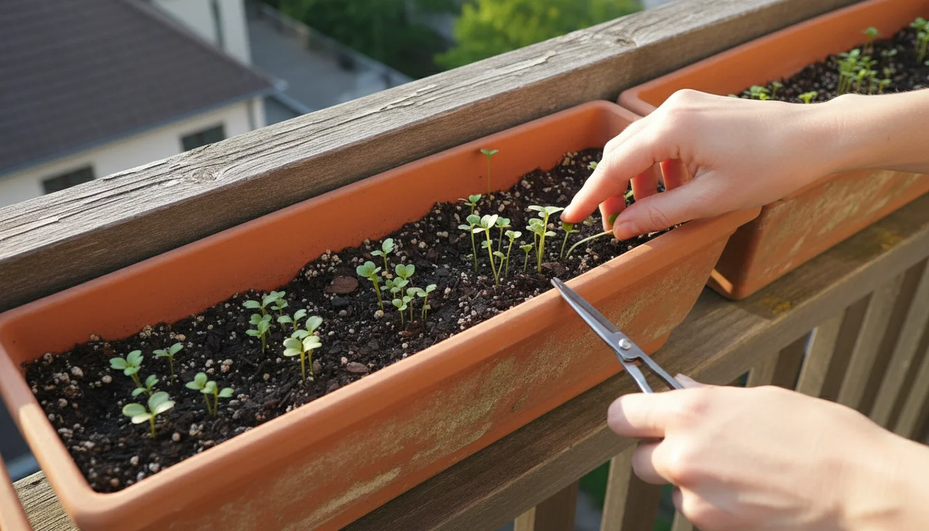 A person's hand with small snips carefully thinning delicate green radish seedlings in a terracotta window box on a balcony railing.