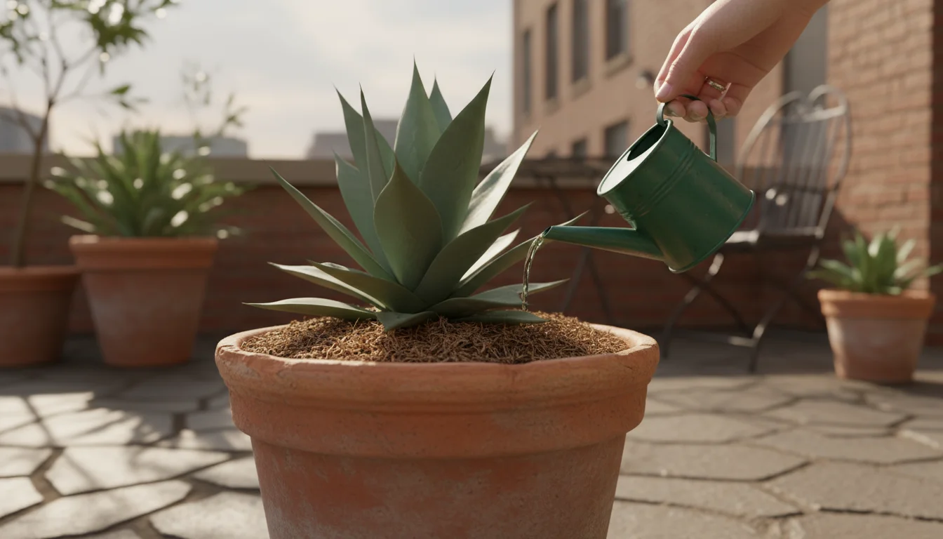 A person's hand gently smooths light-colored bark mulch around a thriving plant in a terracotta pot, showcasing healthy soil.