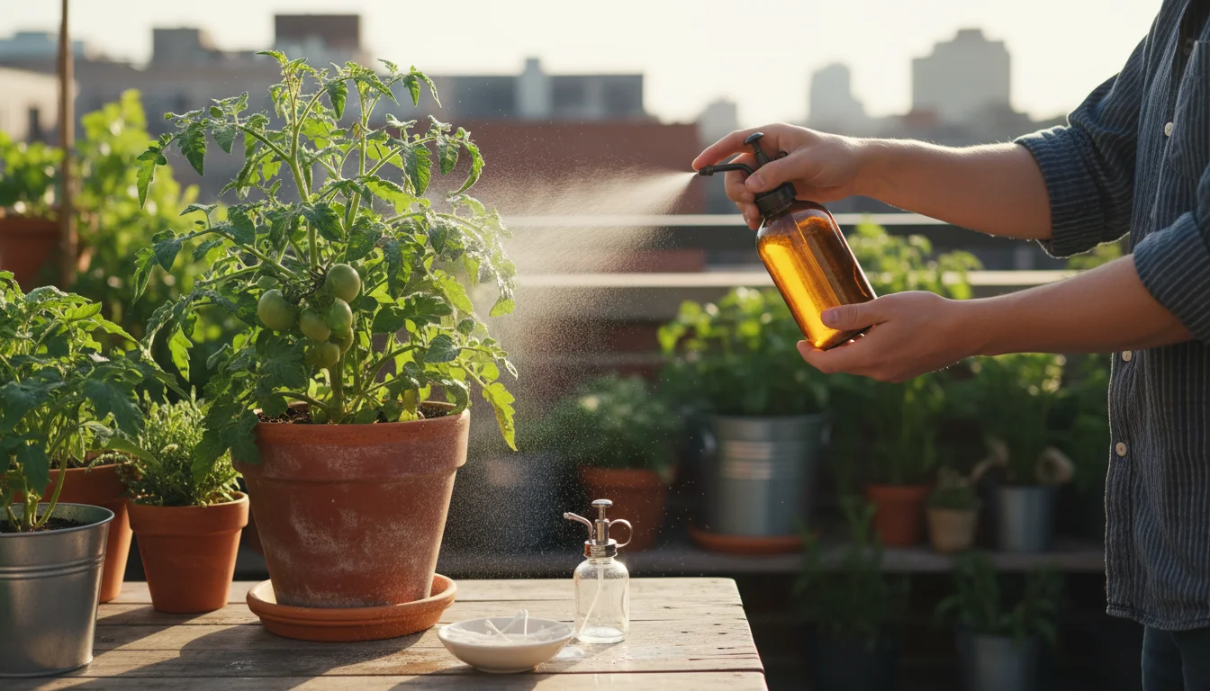 A person's hand sprays a tomato plant in a pot on an urban patio. Cotton swabs and a smaller spray bottle are on a nearby table.