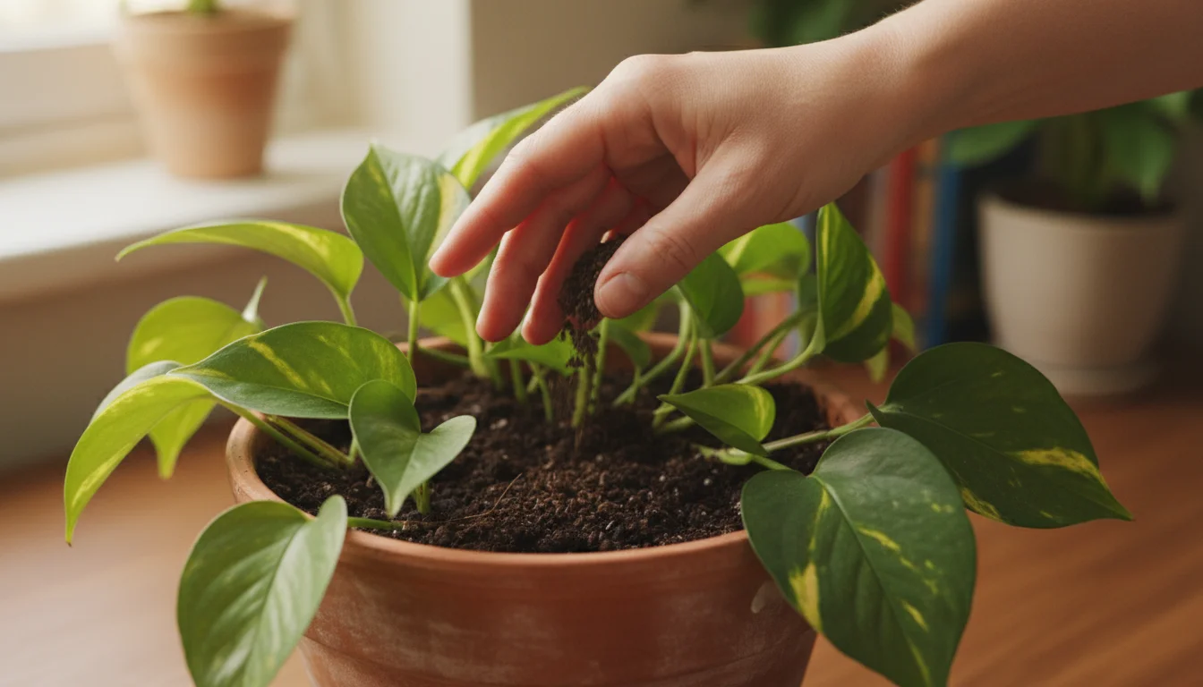 A person's hand gently sprinkles dark worm castings onto the soil surface of a healthy Pothos plant in a terracotta pot, indoors.