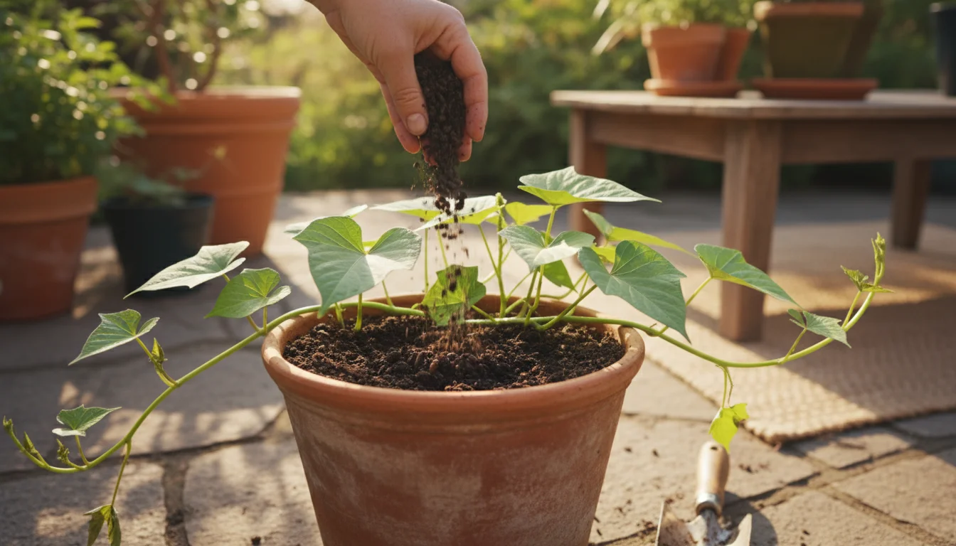 Person's hand sprinkles dark worm castings onto soil around a sweet potato plant in a terracotta pot on a sunny patio.